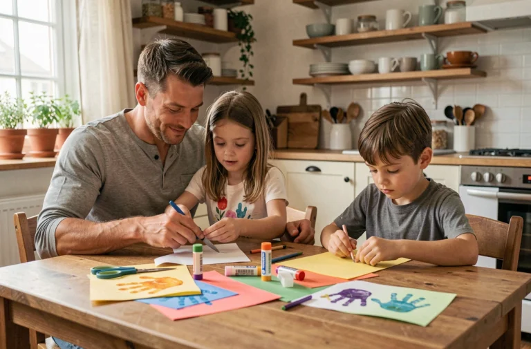Père et enfants faisant des activités manuelles créatives ensemble autour d'une table en bois familiale