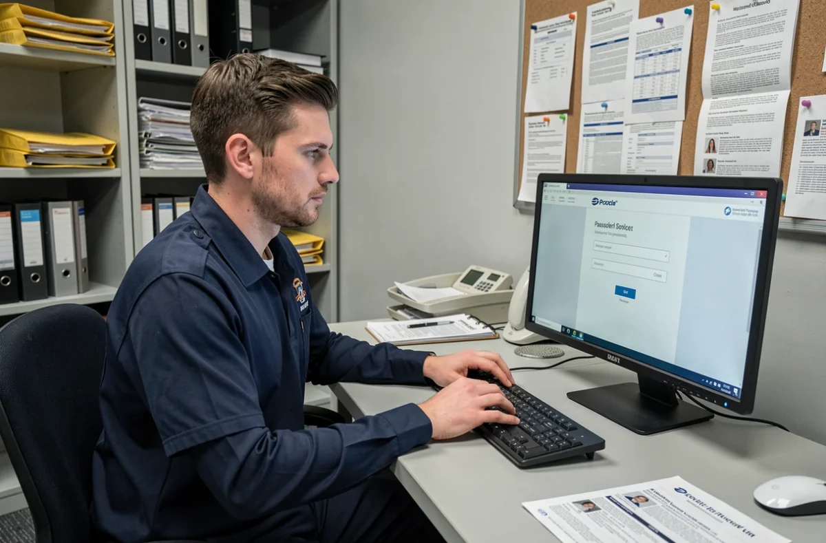 Agent de La Poste en uniforme accédant à son espace Ma Box RH sur un poste de travail partagé