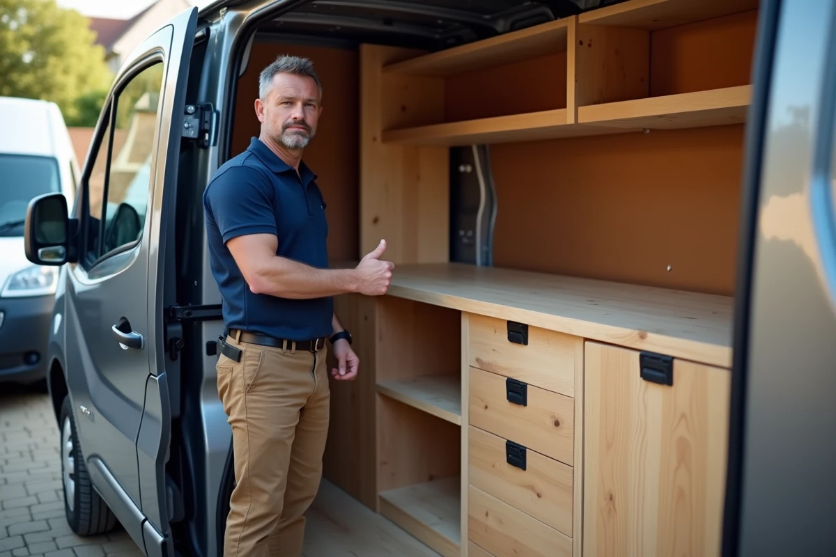 Artisan présentant l'aménagement intérieur d'un Renault Trafic L2H1 avec étagères et tiroirs sur mesure