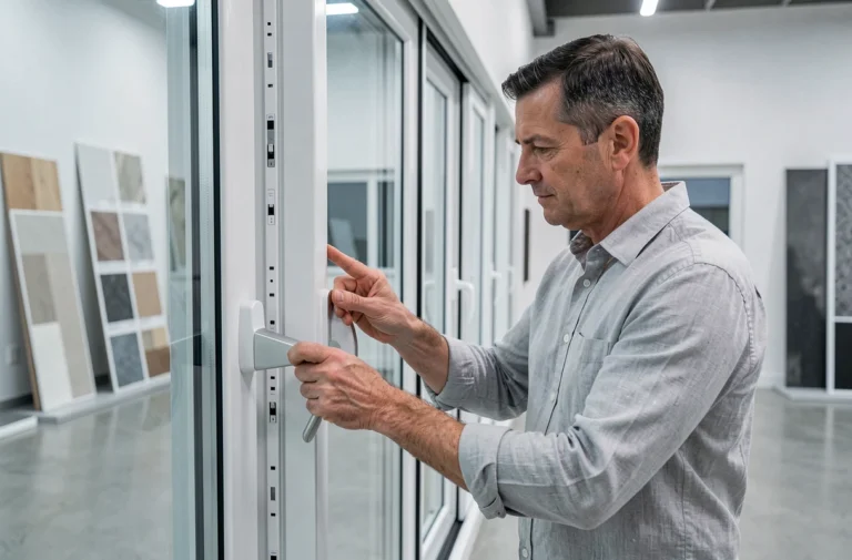 Architecte examinant une fenêtre coulissante PVC sur mesure dans un showroom moderne en 2026