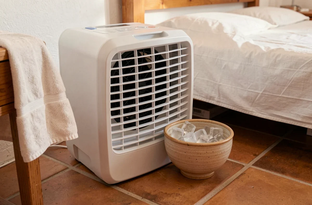 Rafraichisseur d'air posé dans un coin de chambre avec des glaçons devant la grille pour optimiser le refroidissement