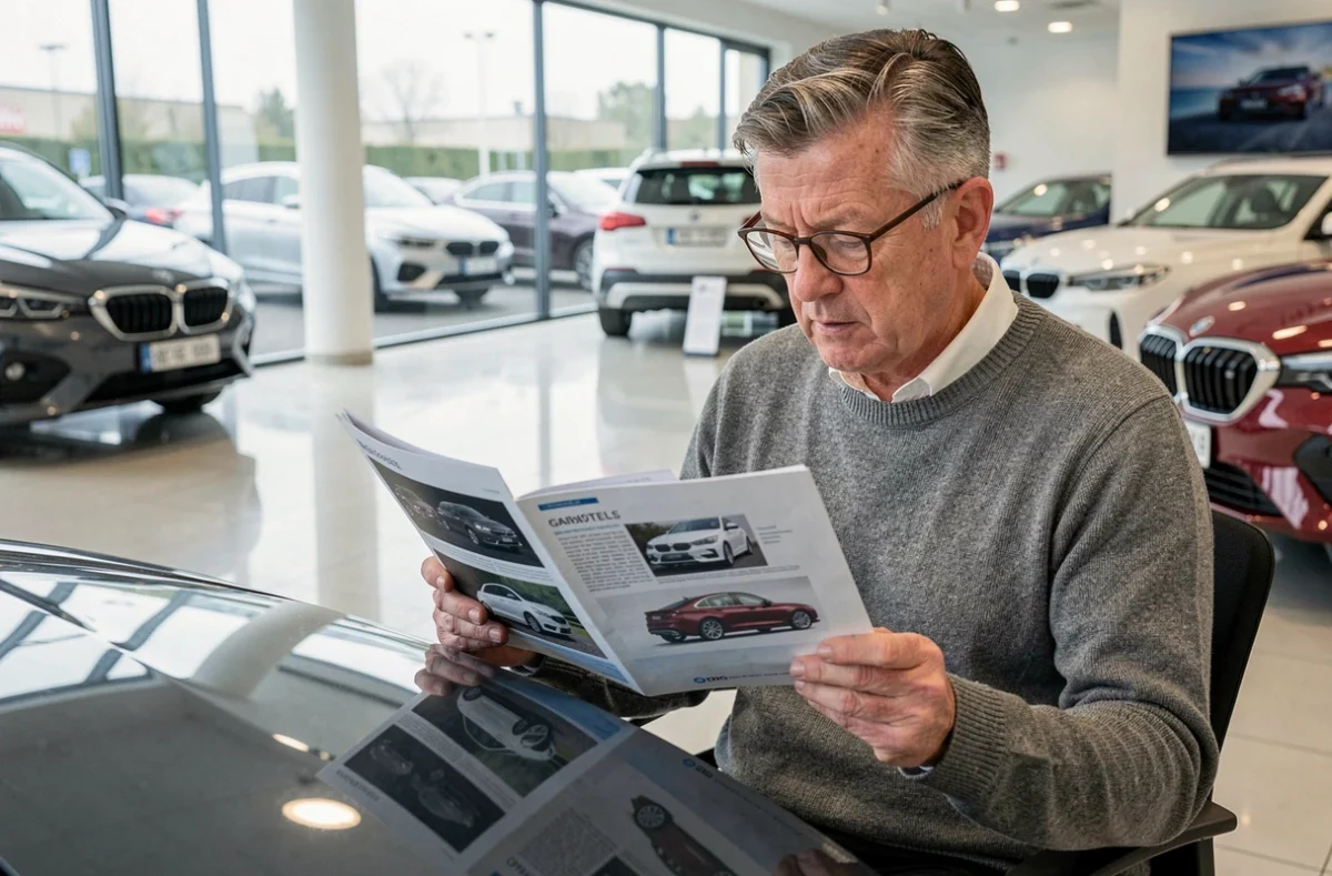 Homme comparant des brochures de voitures dans un showroom, conseils pour bien choisir son véhicule