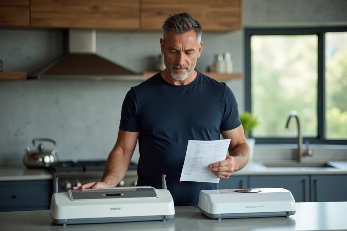 Homme comparant deux modèles de machines sous vide côte à côte dans une cuisine contemporaine avec guide d'achat en main