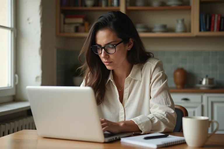 Femme comparant les prix des billets d'avion pour la Corse sur son ordinateur portable à la maison