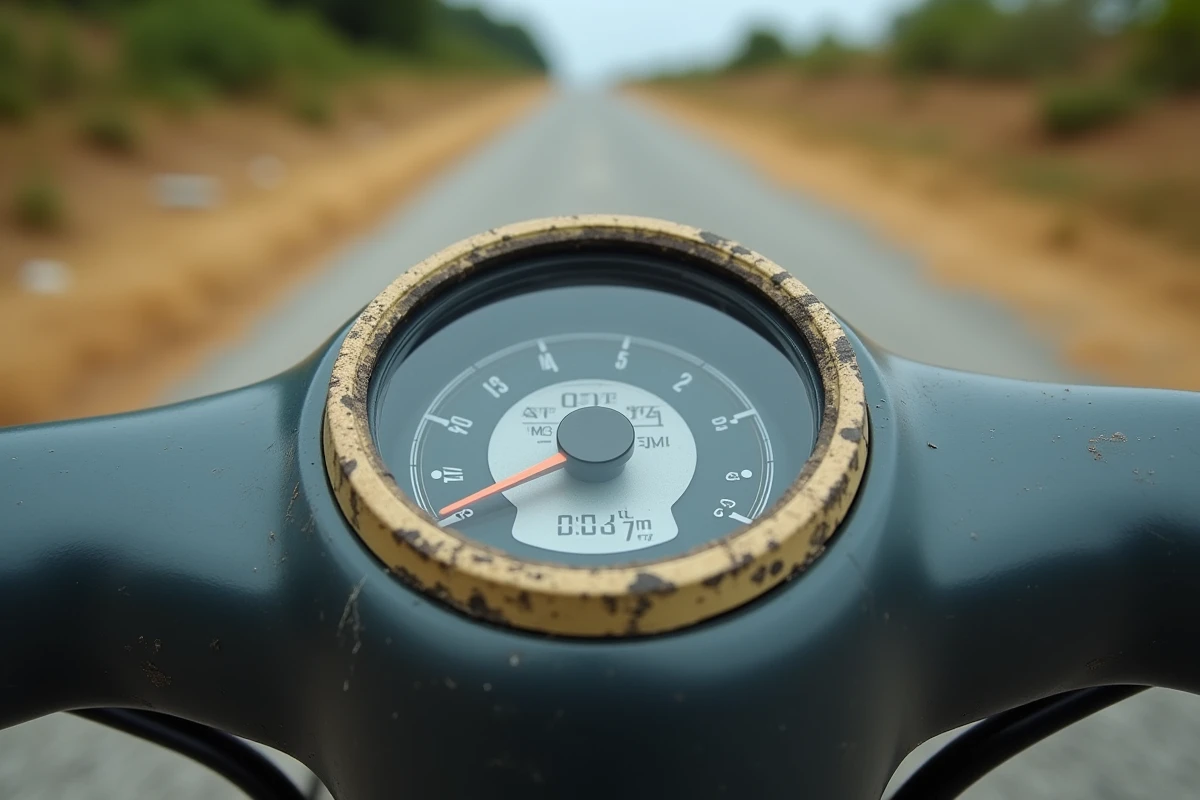 Gros plan sur le compteur kilométrique d'un scooter 50cc affichant un kilométrage élevé après usage prolongé