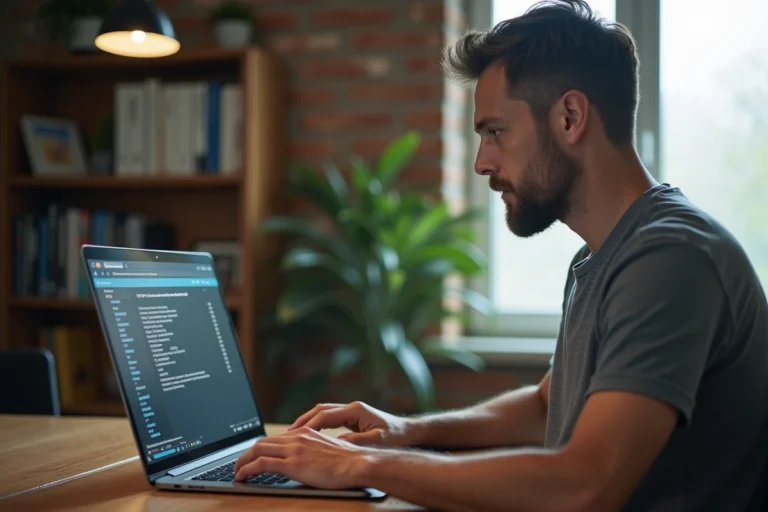 Homme configurant son réseau domestique via l'interface d'administration du routeur sur un ordinateur portable