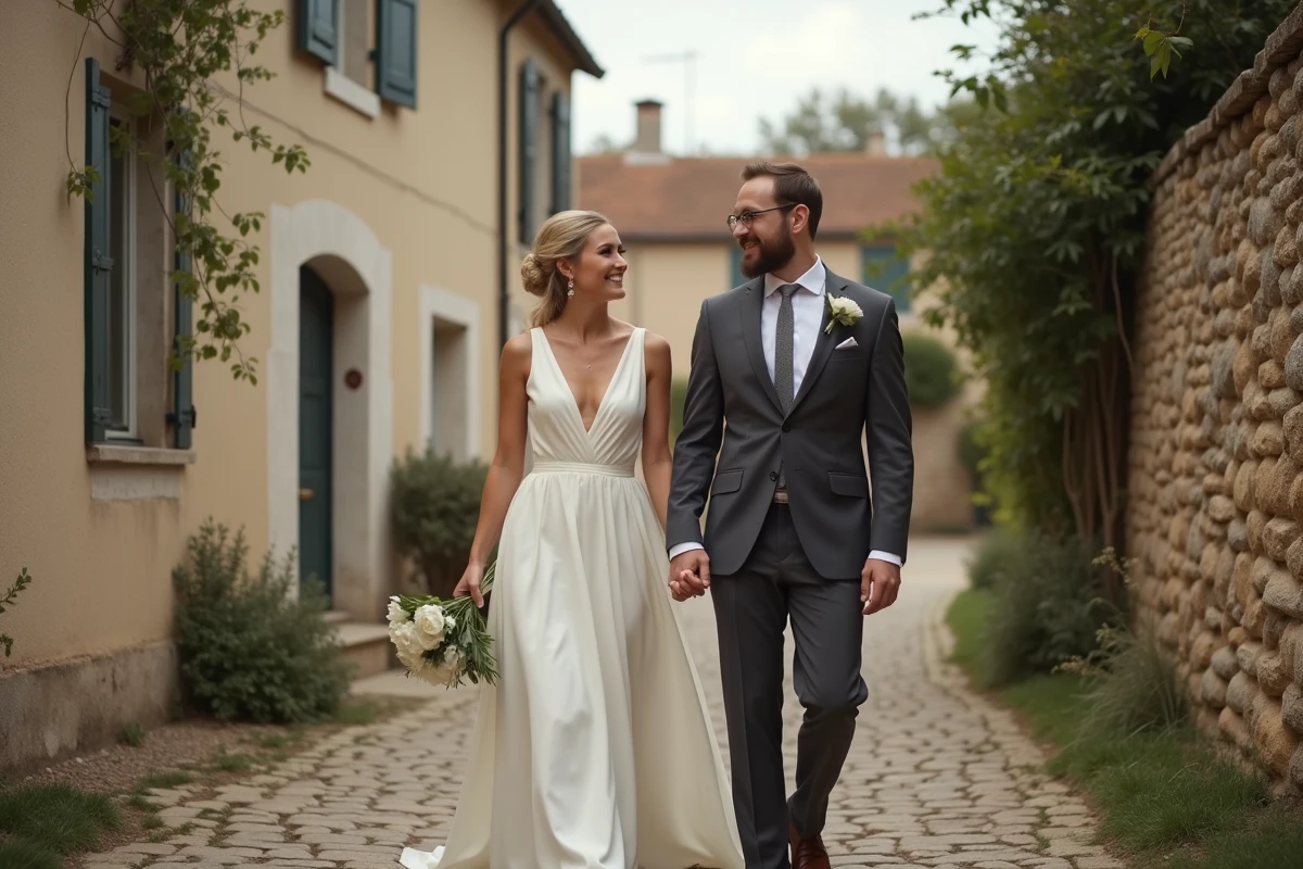 Couple de mariés marchant main dans la main dans une ruelle pavée d'un village français lors d'un mariage intime
