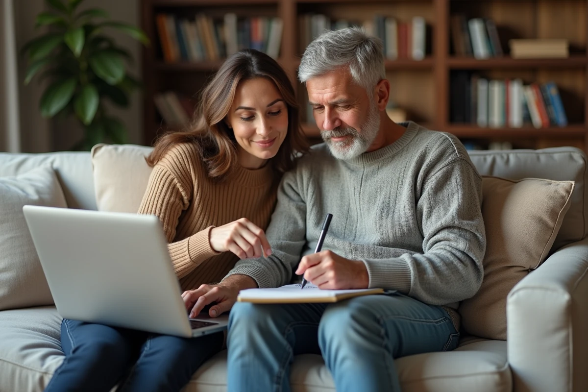 Couple consultant un simulateur de retraite en ligne à la maison pour calculer leurs trimestres de congé parental