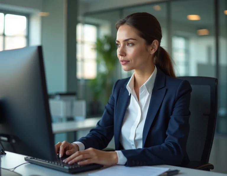 Agente municipale créant un compte sur l'espace en ligne IntraParis depuis son bureau professionnel