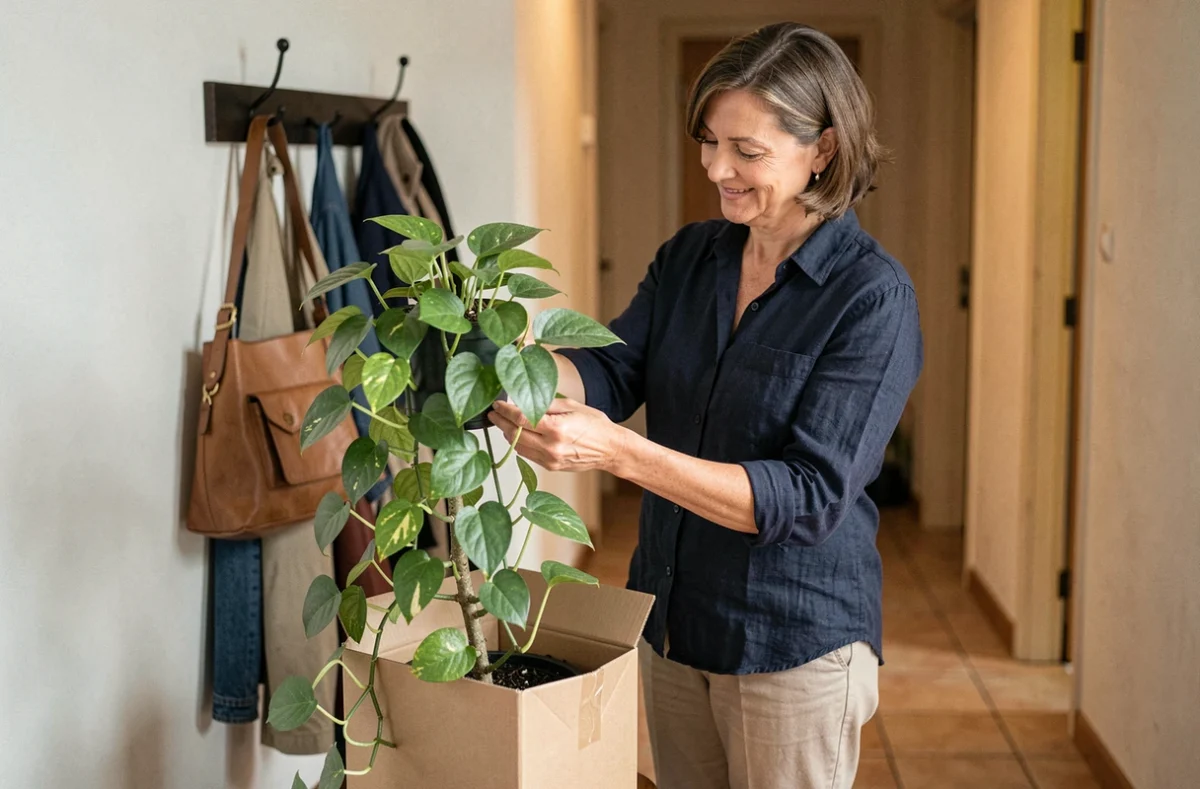 Femme déballant une plante livrée à domicile et inspectant les feuilles avec satisfaction dans son entrée