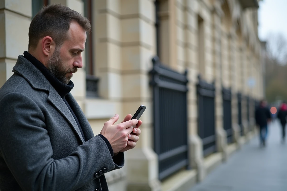Homme consultant en ligne les démarches de remboursement d'un stage sécurité routière devant un bâtiment administratif