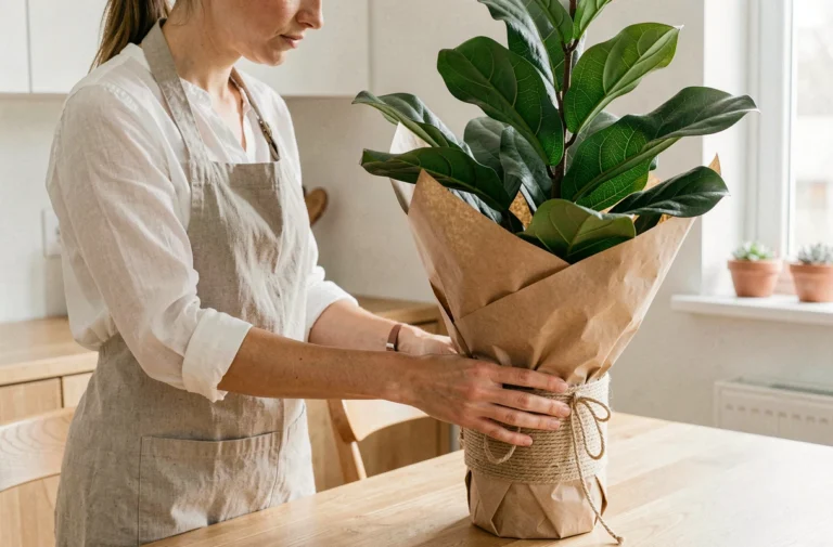 Femme emballant soigneusement une plante en pot avec du papier kraft avant une livraison à domicile