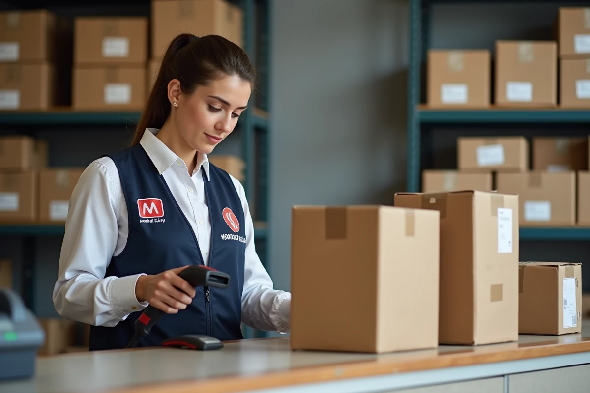 Employée de point relais Mondial Relay scannant des colis au comptoir dans un contexte de gestion de retards de livraison