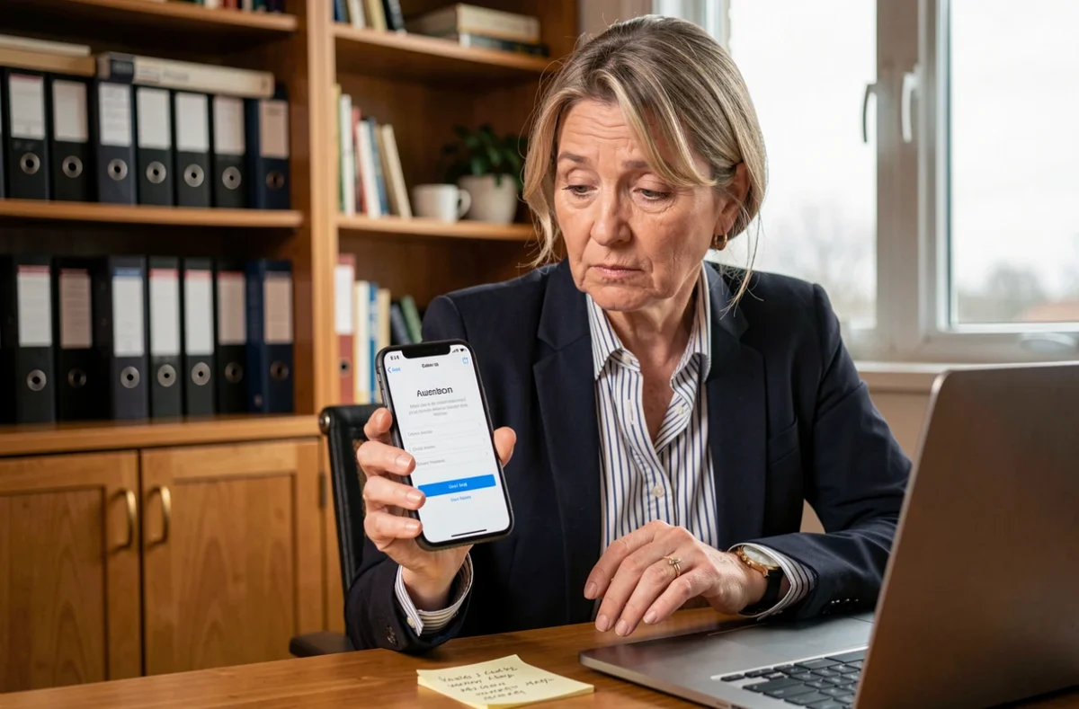 Employée consultant ses identifiants sur un pense-bête pour résoudre une erreur de connexion à Ma Box RH