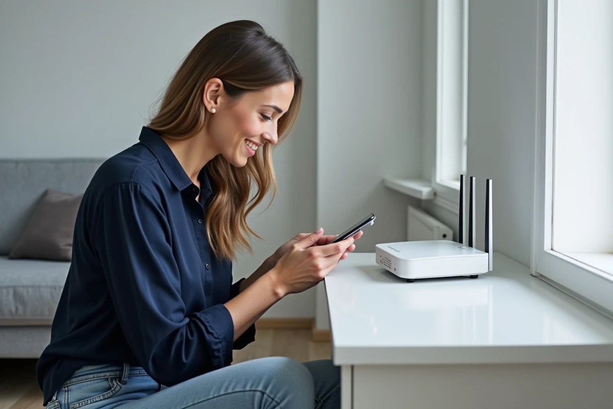 Femme consultant son smartphone pour accéder à l'adresse IP du routeur et configurer son réseau WiFi