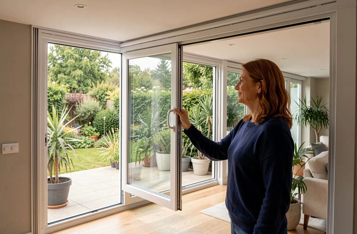 Femme ouvrant une baie vitrée coulissante PVC panoramique dans un salon contemporain donnant sur un jardin