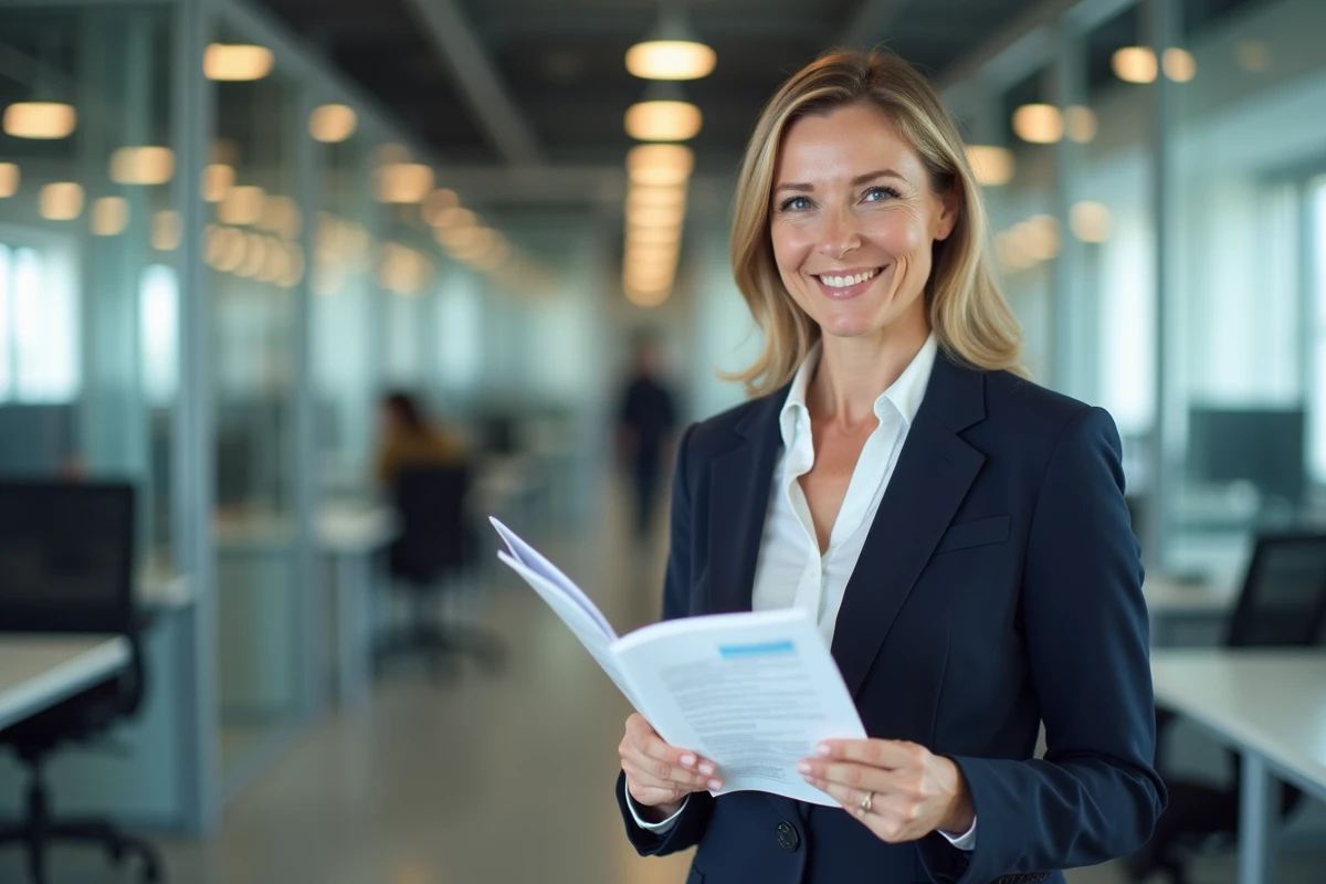 Femme cadre en entreprise tenant une brochure sur la retraite anticipée et les droits au congé parental