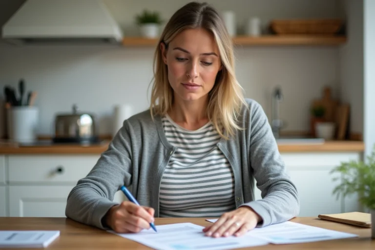 Femme consultant des documents de retraite et relevés de trimestres maternité à la table de sa cuisine