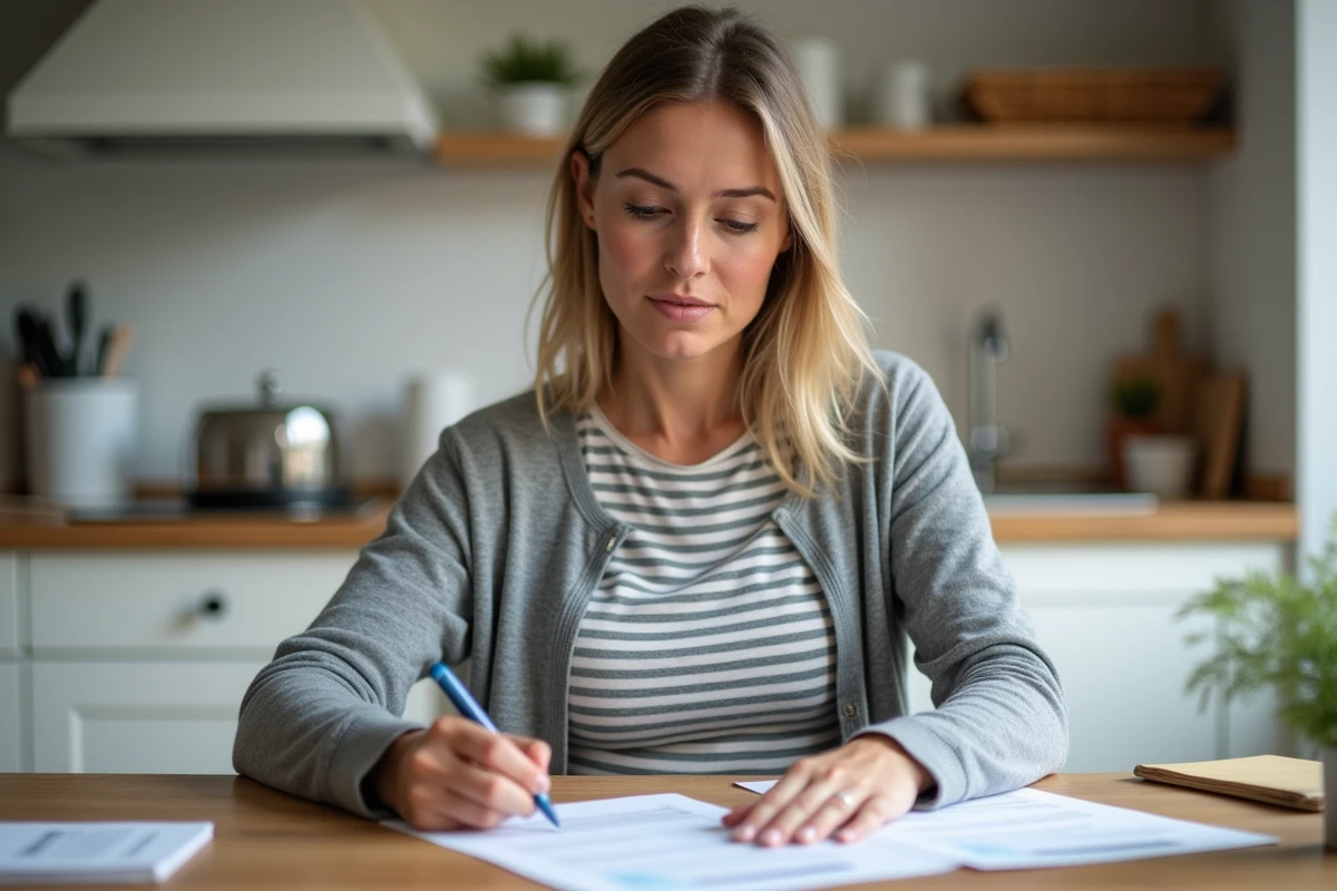 Femme consultant des documents de retraite et relevés de trimestres maternité à la table de sa cuisine