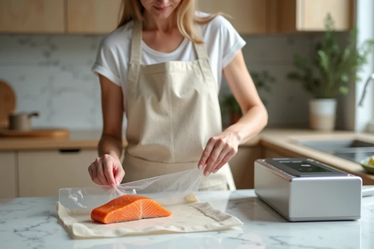 Femme utilisant une machine sous vide pour emballer un filet de saumon dans une cuisine moderne avec plan de travail en marbre blanc