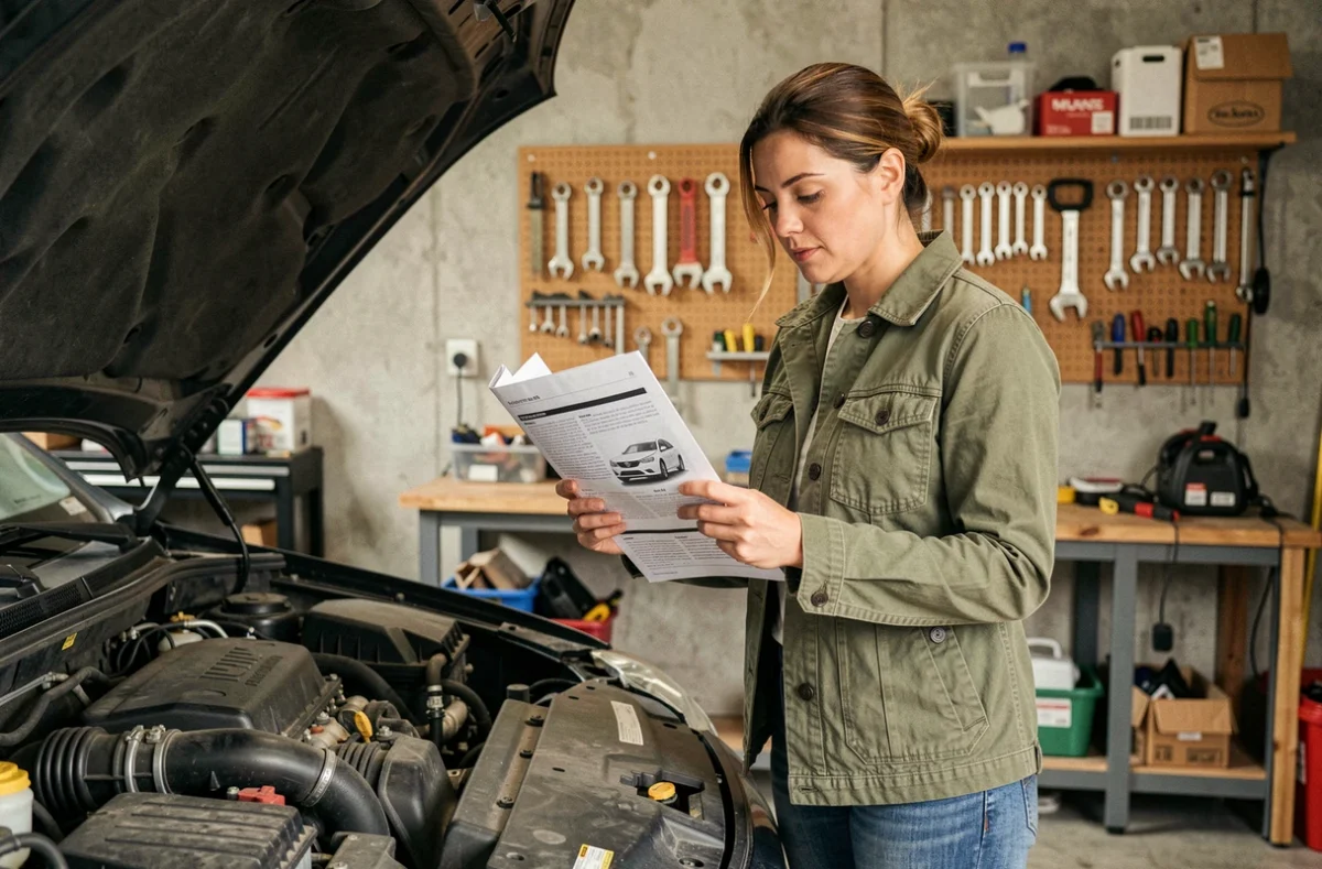 Femme consultant le manuel d'entretien de sa voiture dans un garage résidentiel, conseils pratiques automobile