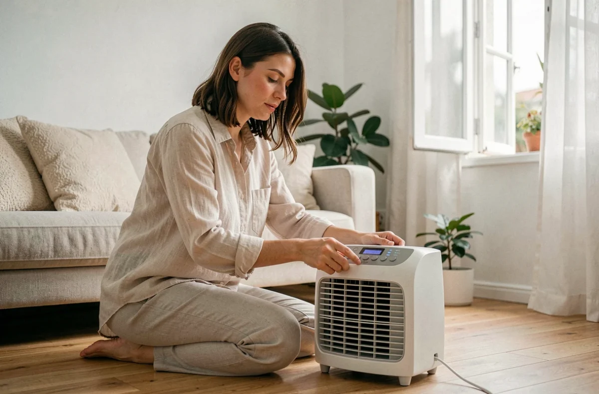 Femme ajustant les réglages d'un rafraichisseur d'air portable dans un salon décoré avec des plantes et des rideaux légers