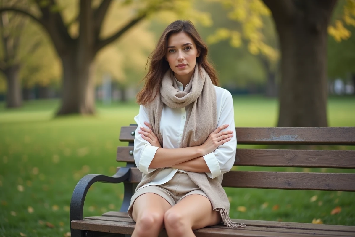 Femme en short en lin beige avec une écharpe légère assise sur un banc de parc en saison douce