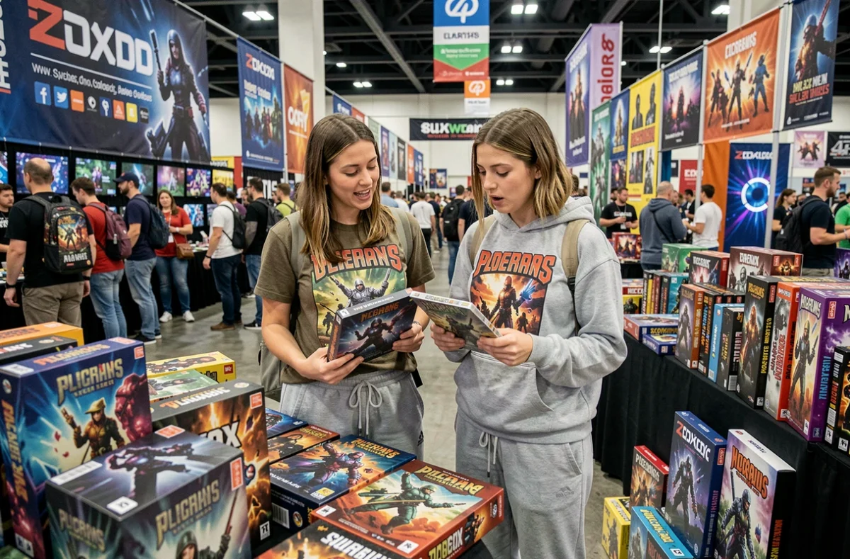 Deux femmes découvrant les nouveautés jeux de société et jeux vidéo sur un stand lors d'un salon gaming