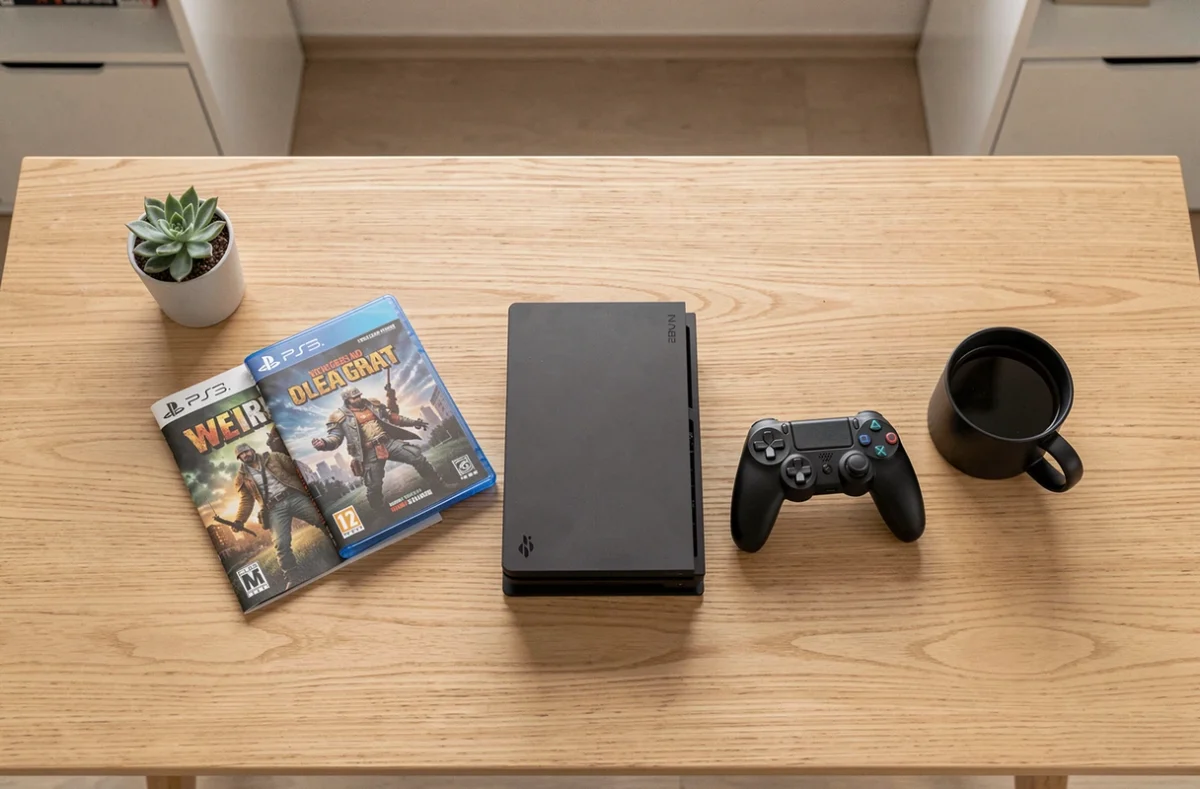 Flat-lay de nouveaux jeux vidéo, console et manette disposés sur un bureau en bois dans un style éditorial