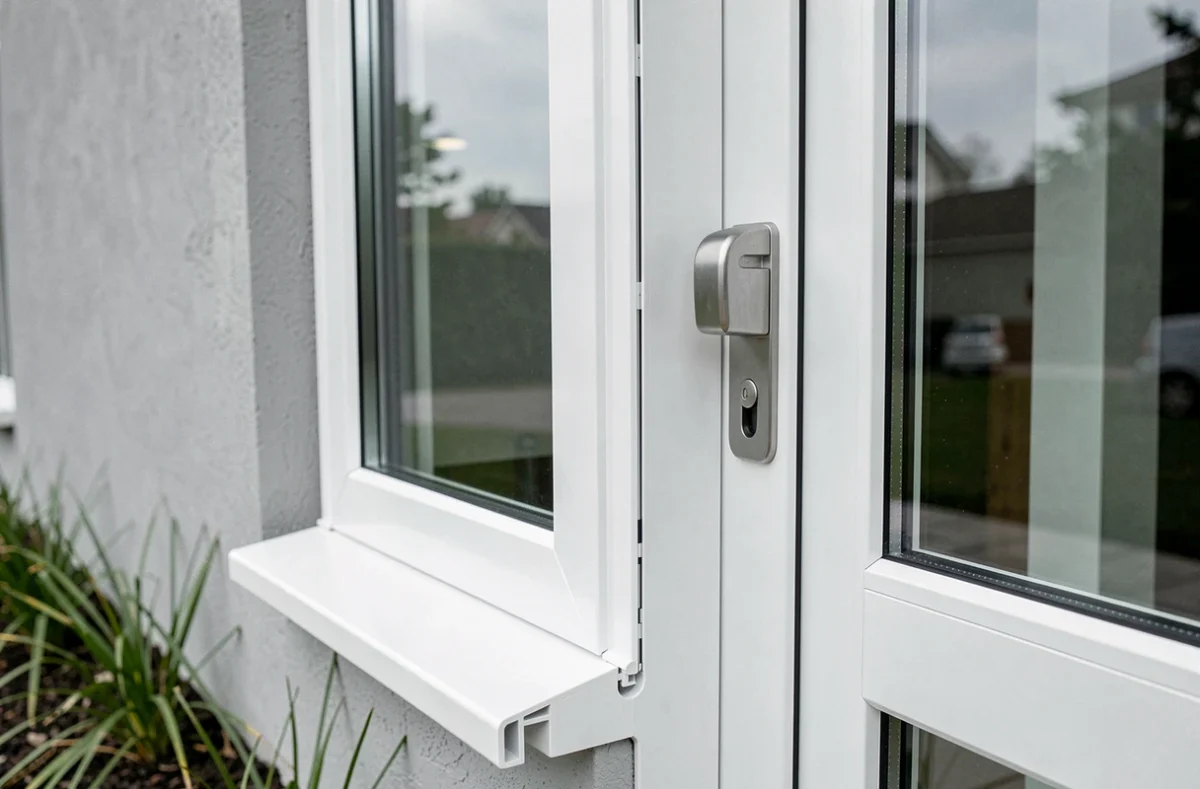 Gros plan extérieur d'une fenêtre coulissante PVC sur mesure avec triple joint et vitrage double installée sur façade moderne