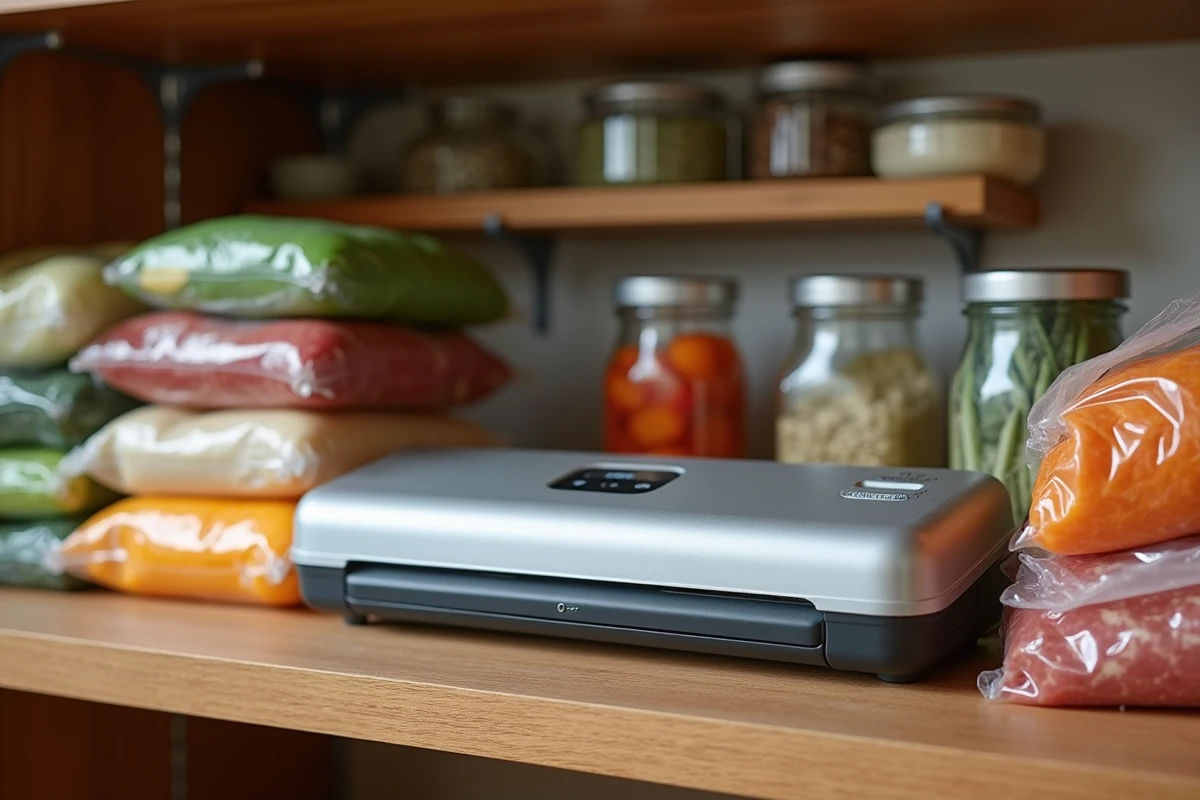 Gros plan d'une machine sous vide compacte entourée de sachets alimentaires hermétiques sur une étagère en bois de cuisine