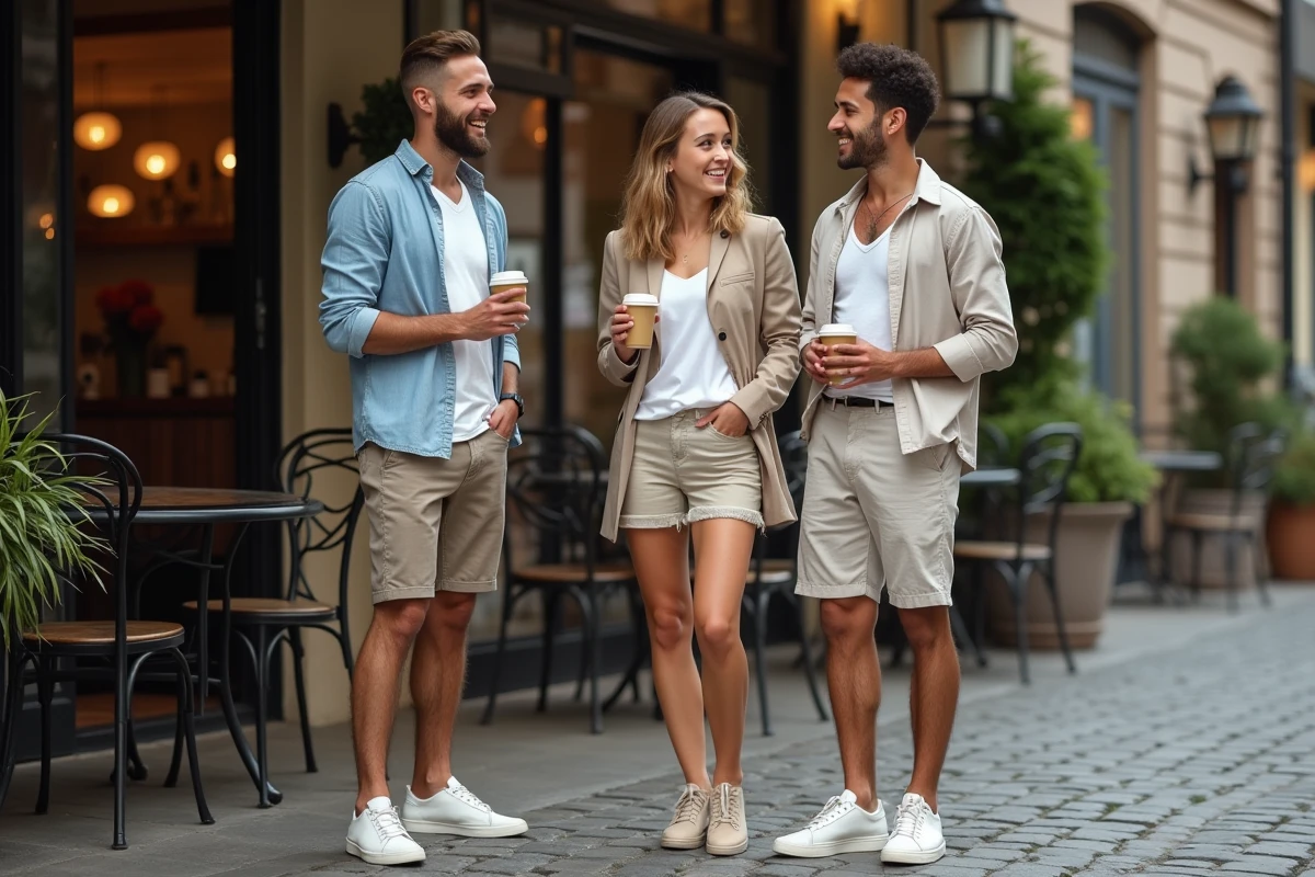 Groupe d'amis en terrasse de café portant des shorts et des tenues légères par temps variable