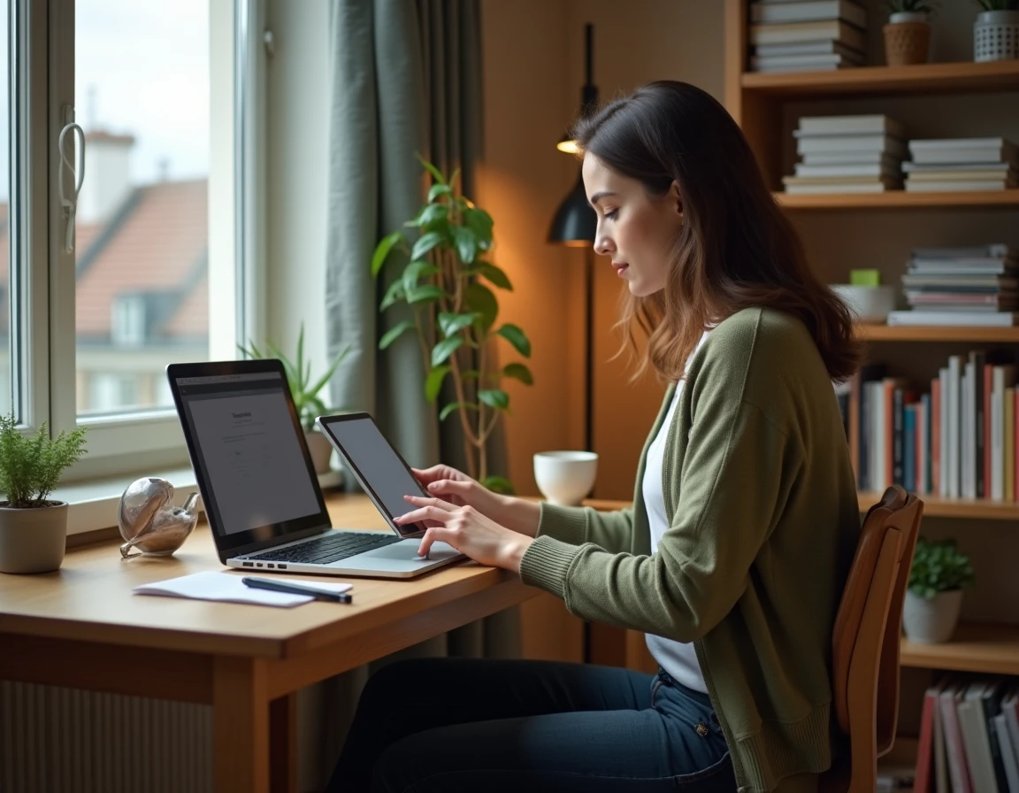 Agente parisienne configurant son compte IntraParis depuis son espace de travail à domicile avec tablette et ordinateur portable