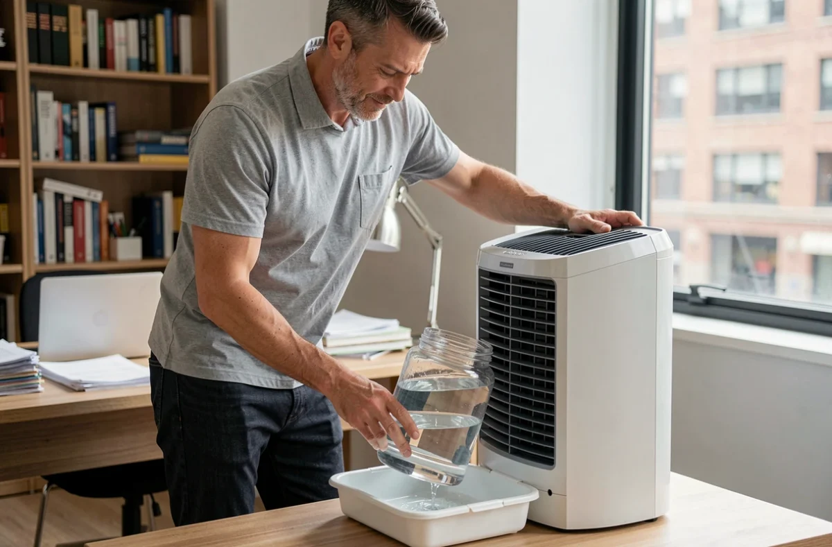 Homme remplissant le bac à eau d'un rafraichisseur d'air évaporatif dans un bureau à domicile moderne