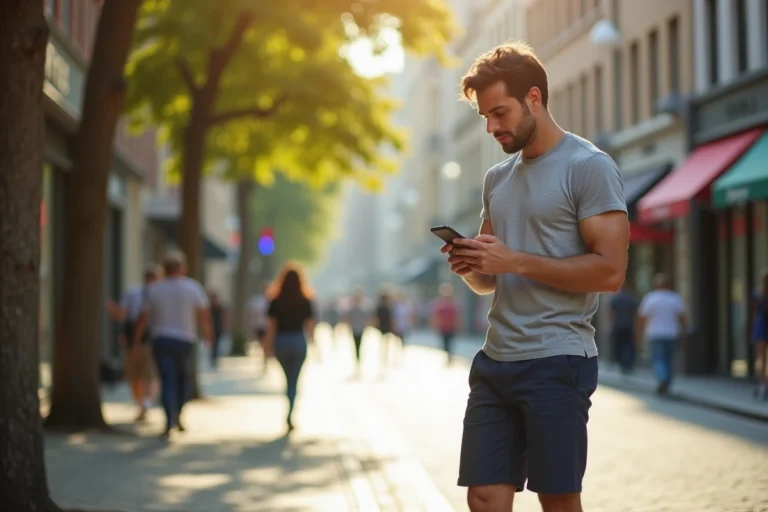 Homme en short bleu marine consultant la météo sur son téléphone dans une rue urbaine ensoleillée
