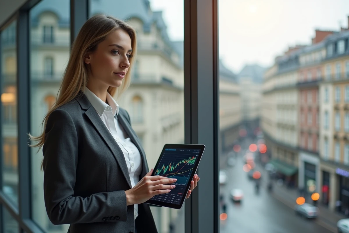 Investisseuse professionnelle consultant des données financières sur tablette devant une vue panoramique d'une place financière européenne