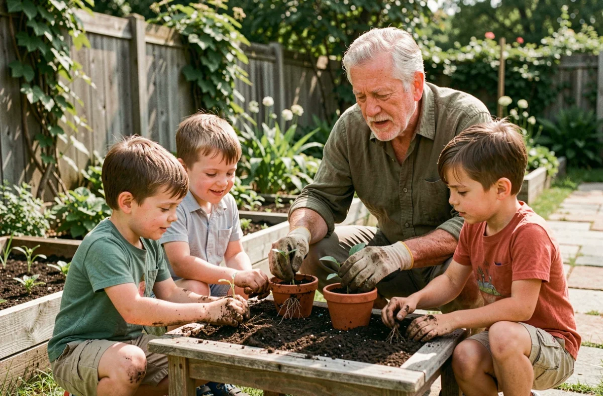 Grand-père et petits-enfants faisant du jardinage éducatif ensemble dans un jardin familial