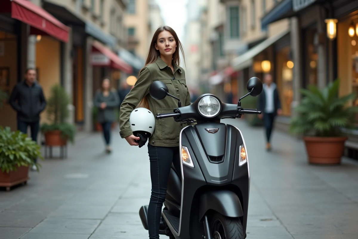 Jeune femme avec un scooter 50cc en ville, équipée d'un casque blanc et d'une veste verte