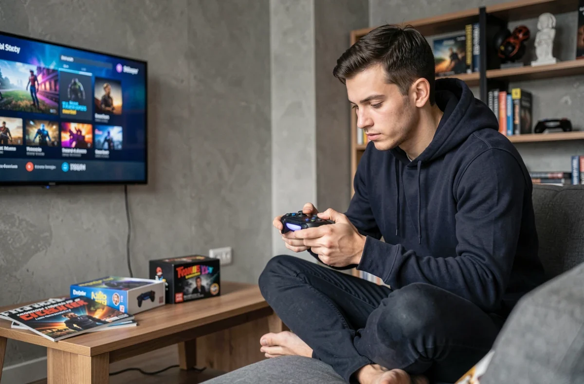 Jeune homme concentré tenant une manette de jeu vidéo dans un salon moderne avec des jeux et accessoires gaming