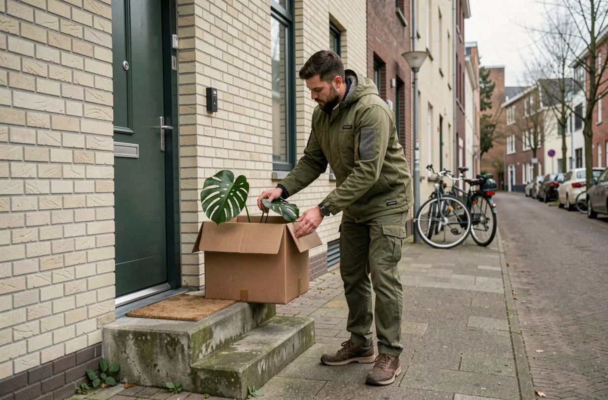 Livreur déposant délicatement une plante en pot devant une porte d'entrée lors d'une livraison à domicile