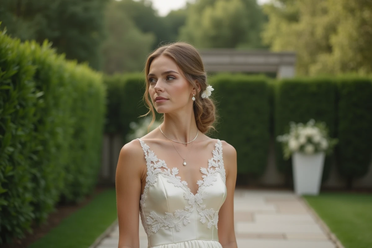 Mariée élégante en robe de soie ivoire dans un jardin discret lors d'une cérémonie intime