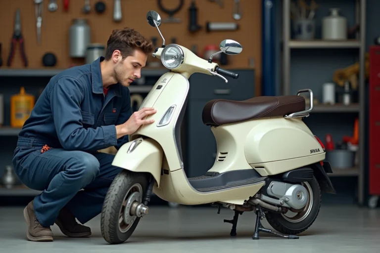Mécanicien inspectant le compteur kilométrique d'un scooter 50cc dans un atelier de réparation urbain