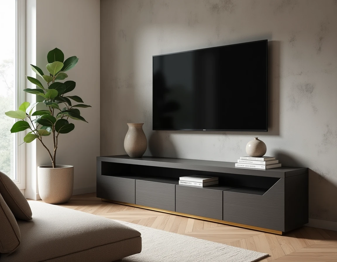 Meuble TV d'angle en chêne mat avec accents en laiton dans un salon scandinave moderne aux tons neutres et chauds