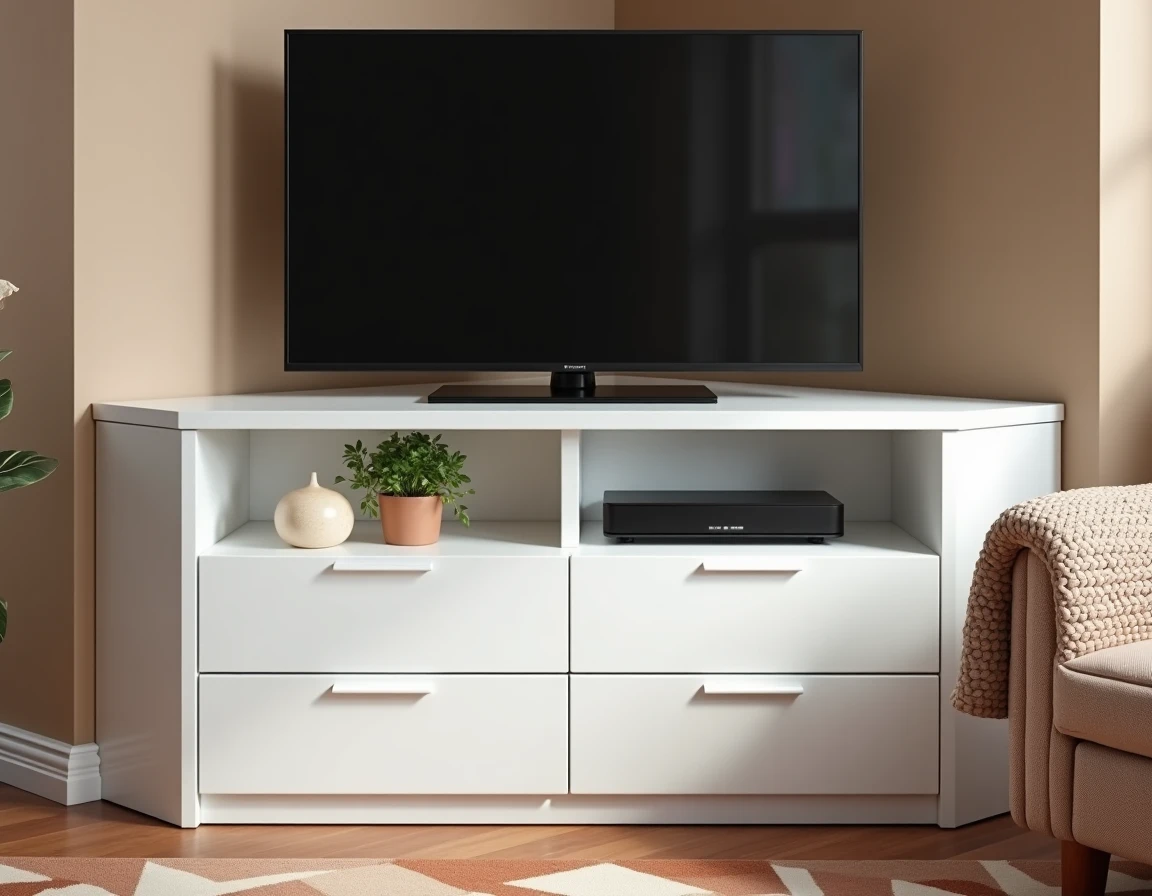 Meuble TV d'angle laqué blanc brillant avec rangements fermés dans un salon contemporain aux teintes grège et terracotta