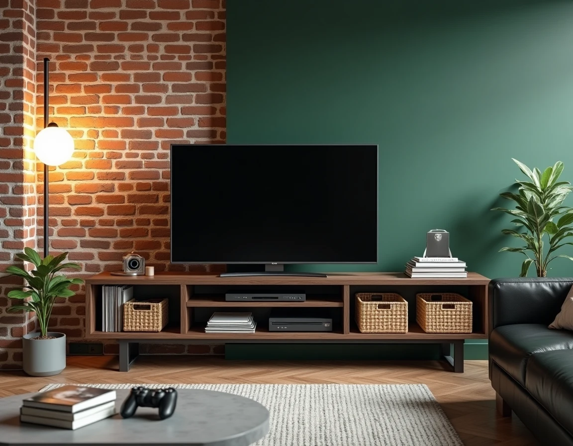 Meuble TV d'angle en noyer foncé et acier industriel dans un appartement urbain avec mur en briques et peinture vert forêt