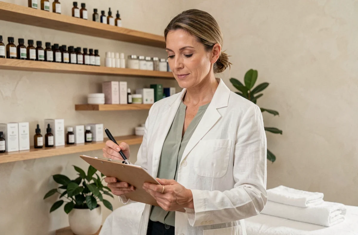 Professionnelle du bien-être en blouse blanche consultant un dossier personnalisé dans une salle de soins spa moderne et épurée