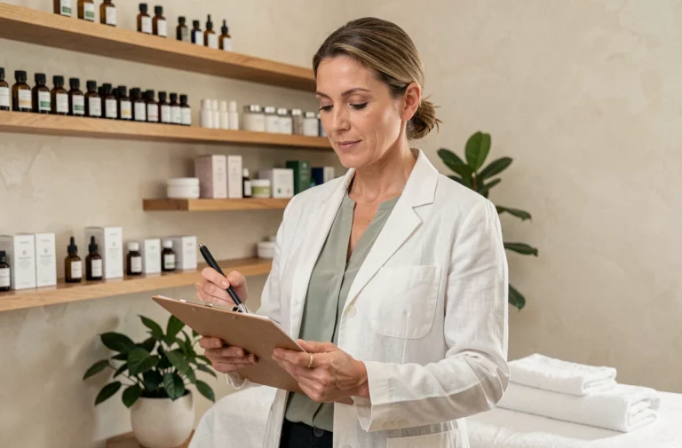 Professionnelle du bien-être en blouse blanche consultant un dossier personnalisé dans une salle de soins spa moderne et épurée