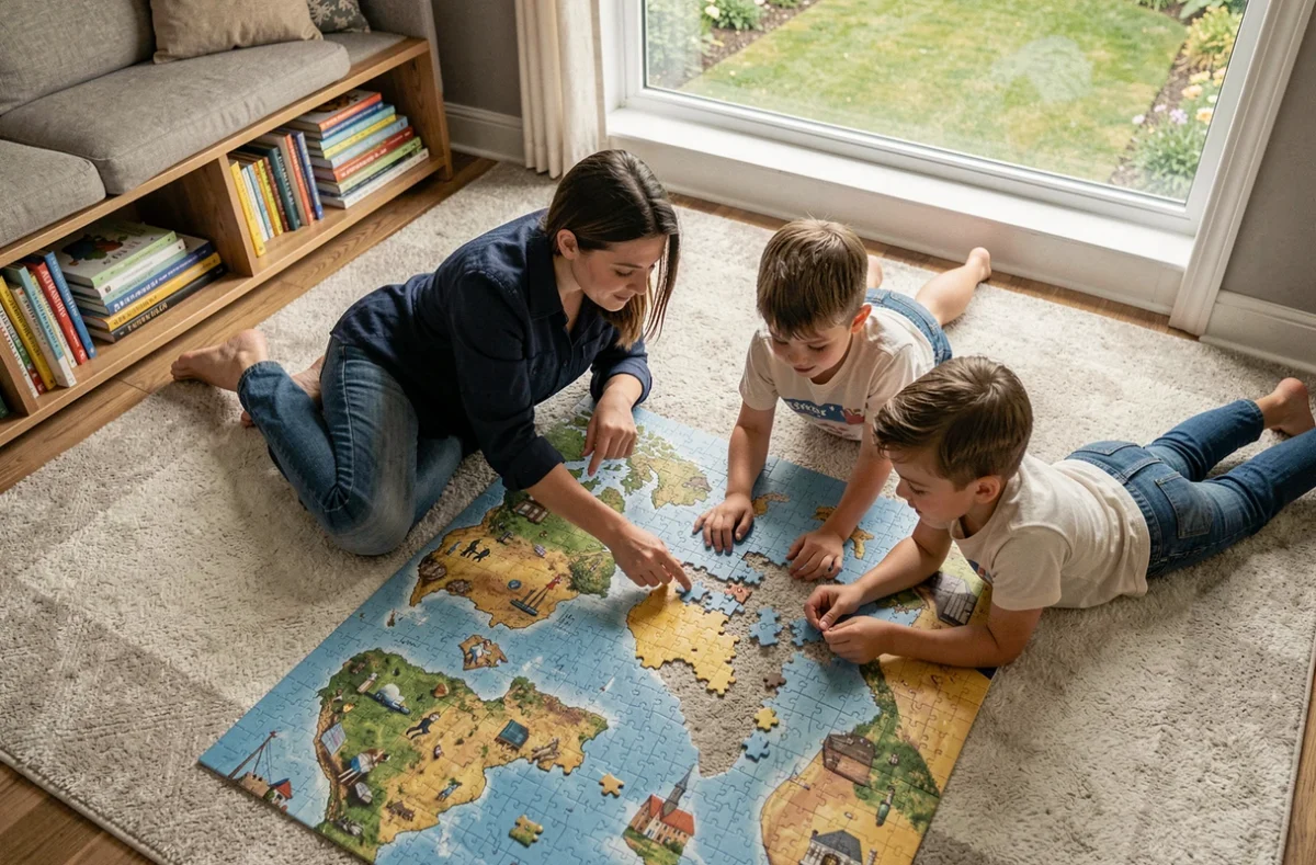 Mère et enfants assemblant un puzzle éducatif sur le sol d'un salon familial confortable