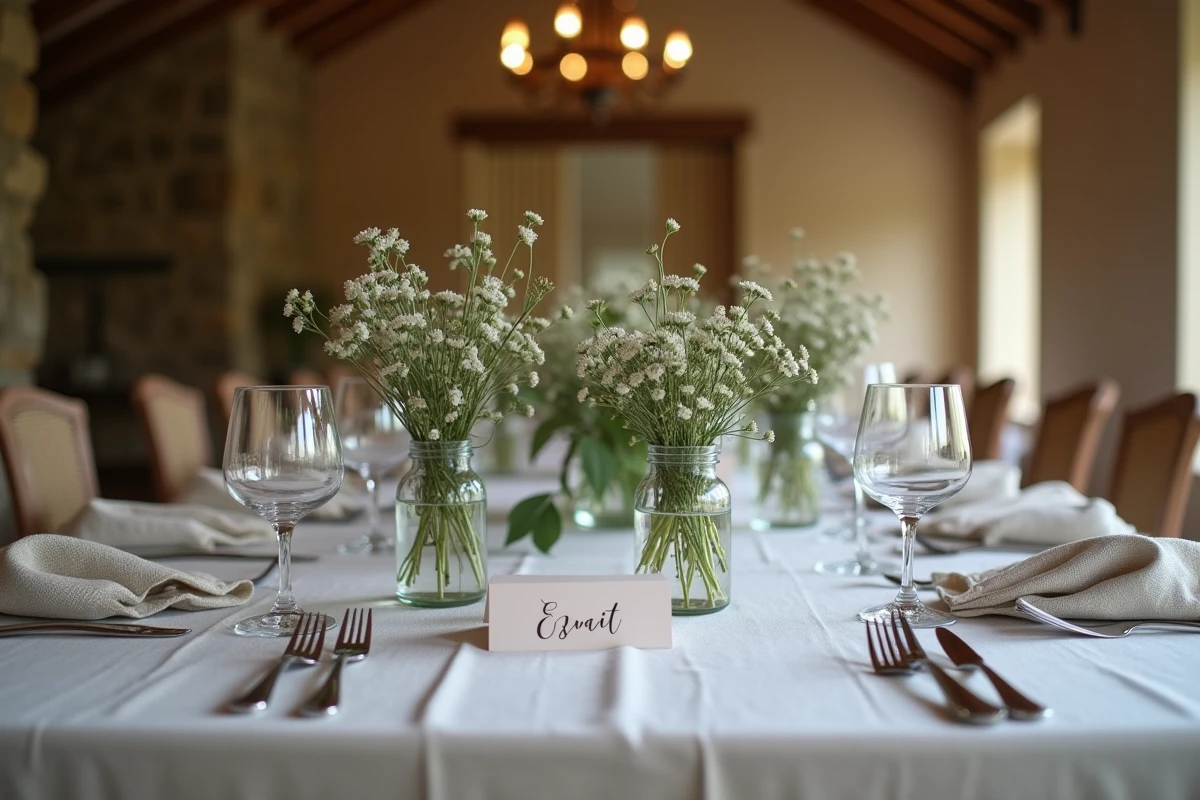 Table de réception de mariage intime décorée de fleurs sauvages et de nappes en lin dans une ferme française restaurée