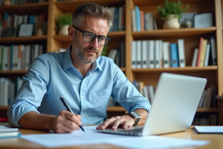 Homme consultant des documents administratifs pour le remboursement d'un stage de sensibilisation à la sécurité routière